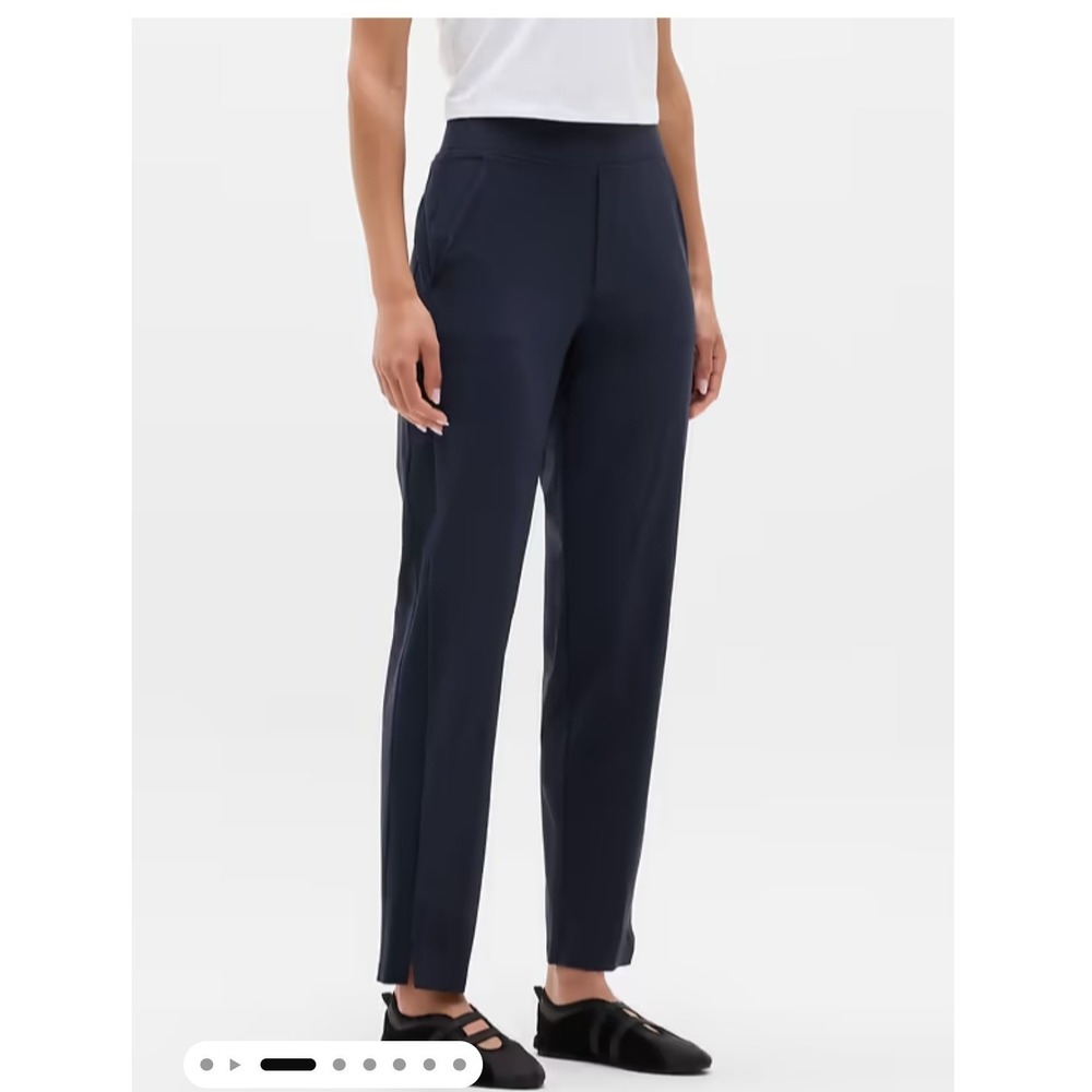 Athleta Brooklyn Ankle Pant Navy Blue Ribbed Waist Side Stripe 14P Petite